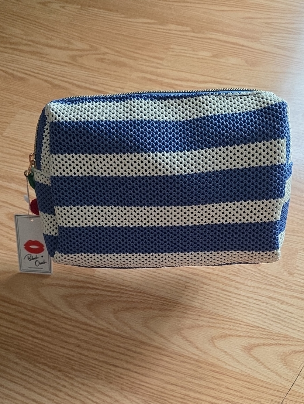 Striped Blue and Cream Mesh Cosmetic Pouch